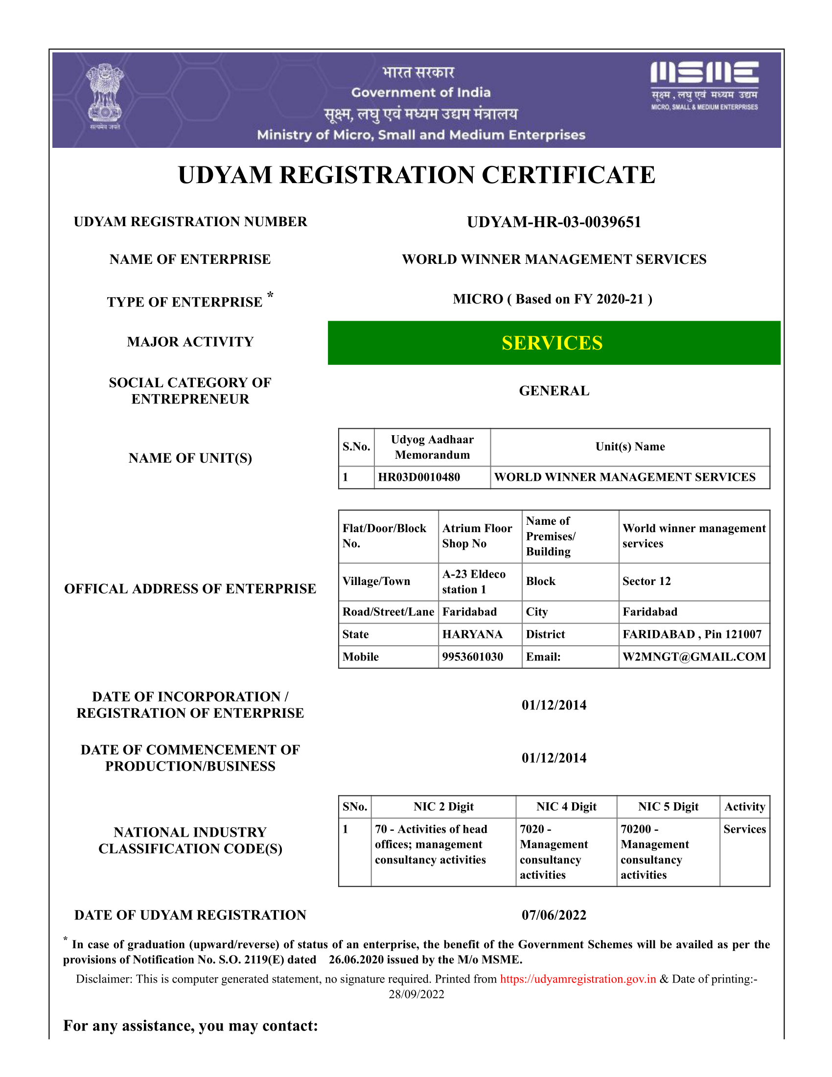 WORLD WINNER Udyam